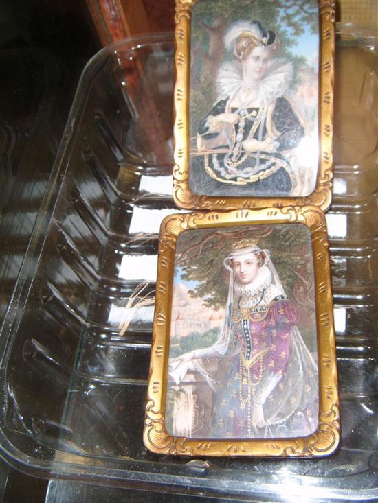 Pair of Victorian School miniature portraits, Mary Queen of Scots & Elizabeth I, in gilt metal grames